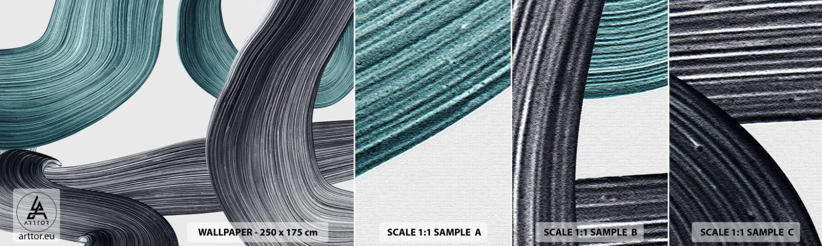 Échantillon de Papier Peint Autocollant Deluxe Sticker - Sentiers émeraude et noirs - Peinture, Brosse, Minimalisme - 100x30 cm