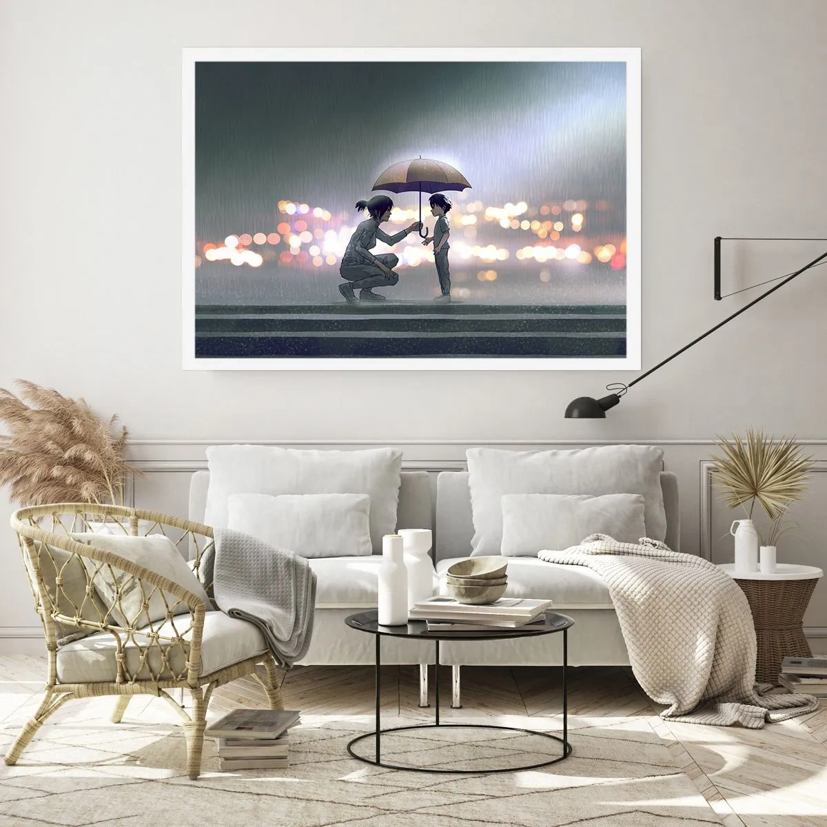 Affiche - Poster - Une silhouette avec un parapluie protégeant un enfant sur fond de lumières nocturnes. - 100x70cm - Et maintenant, tout va bien - Décoration murale moderne pour le salon et la chambre ARTTOR