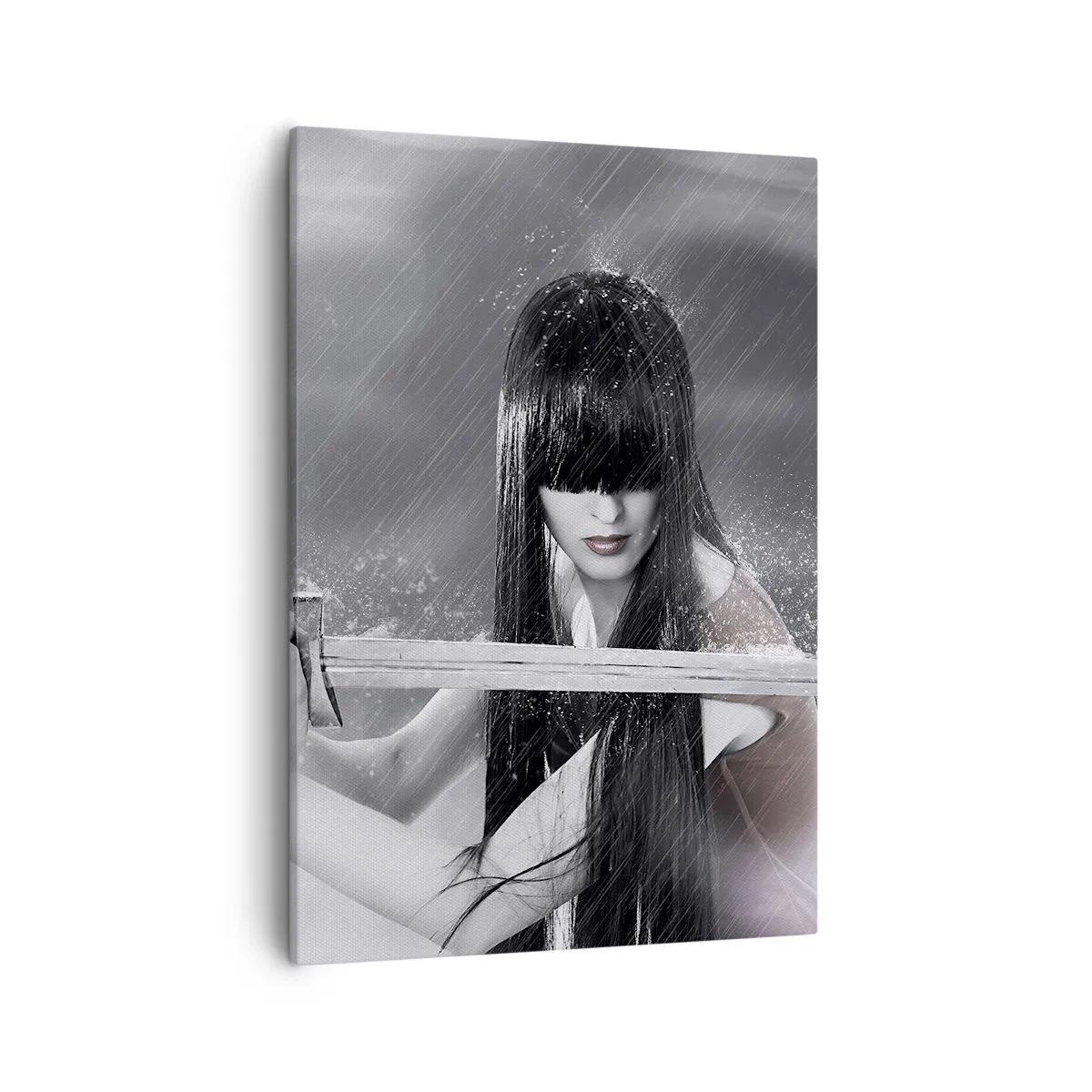 Impression sur toile - Image sur toile - Une femme avec une épée sous la pluie avec une apparence dynamique et mystérieuse - 50x70cm - Belle et dangereuse - Décoration murale moderne pour le salon et la chambre ARTTOR