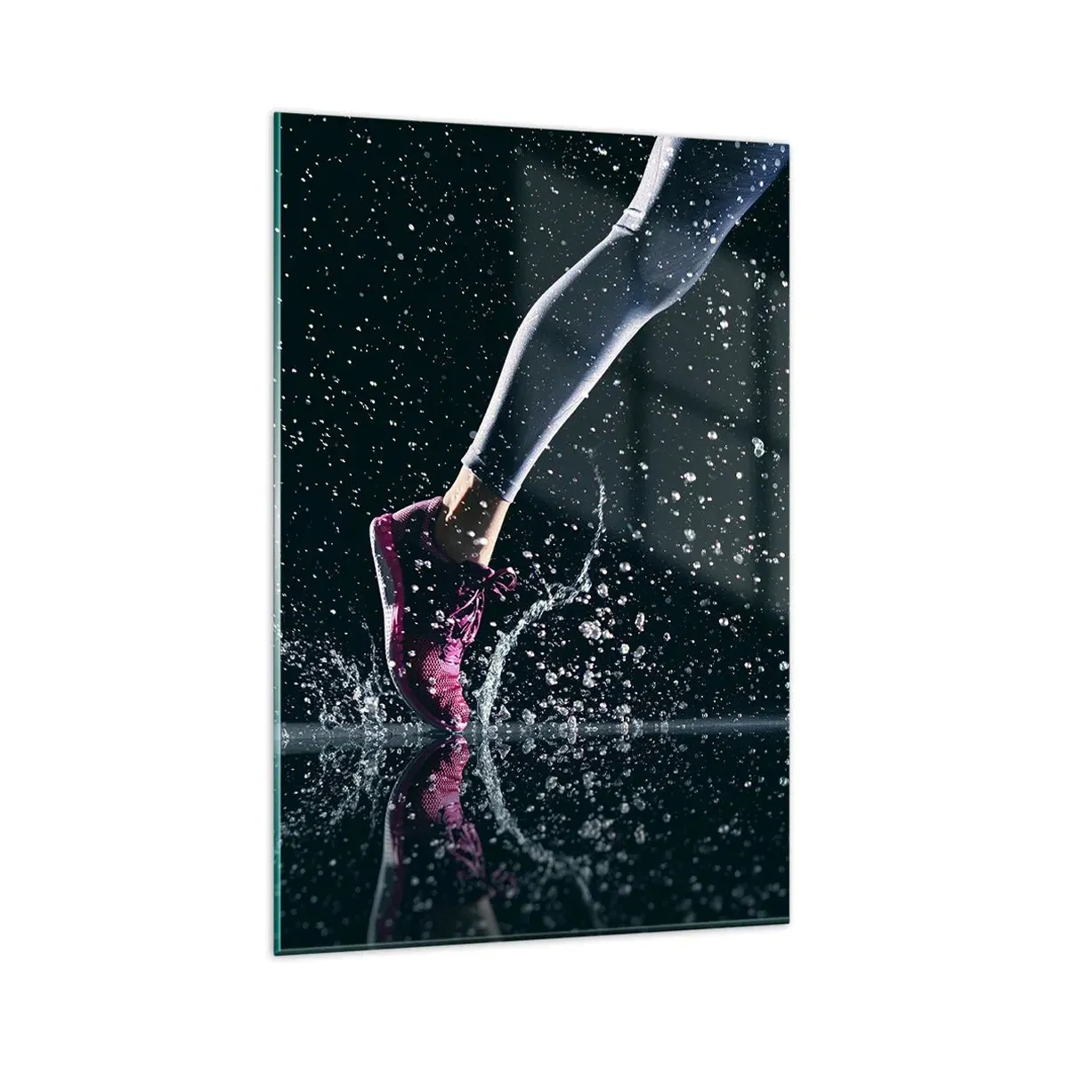 Impression sur verre - Image sur verre - Une prise de vue dynamique d'une course sous la pluie sur fond noir - 80x120cm - Combien de force dans les jambes - Décoration murale moderne pour le salon et la chambre ARTTOR