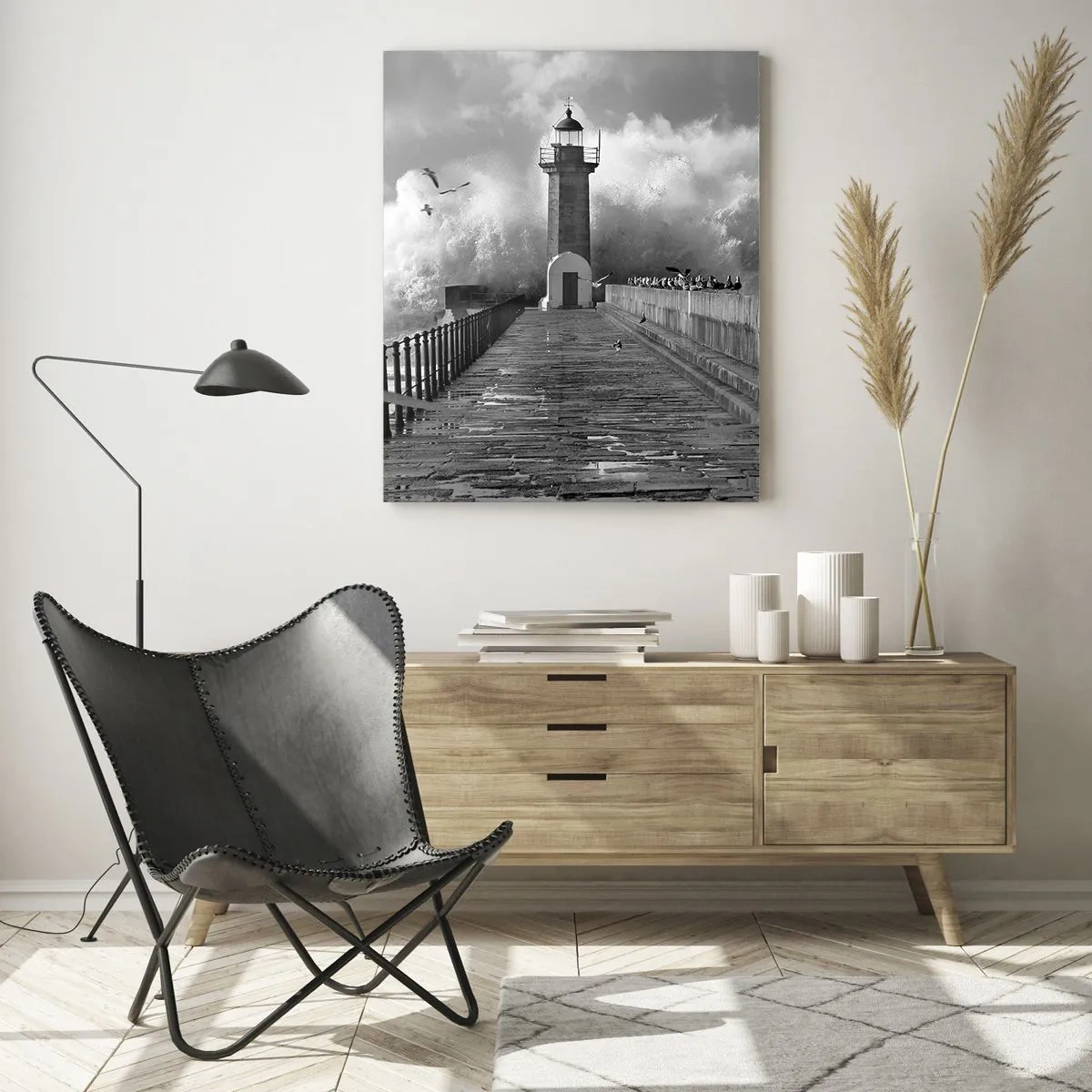Impression sur verre - Image sur verre - Un phare entouré de vagues pendant une tempête - 70x100cm - Sans peur - Décoration murale moderne pour le salon et la chambre ARTTOR