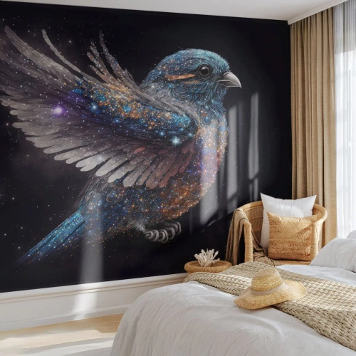 Papier Peint Photo Premium Canvas - Moineau de diamant - Oiseau, la magie, Cosmos - 200x140 cm