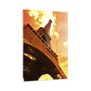 Impression sur verre - Image sur verre - La Tour Eiffel dans des tons chauds d'orange au coucher du soleil - 50x70cm - Monumental, car il est doré par le soleil - Décoration murale moderne pour le salon et la chambre ARTTOR