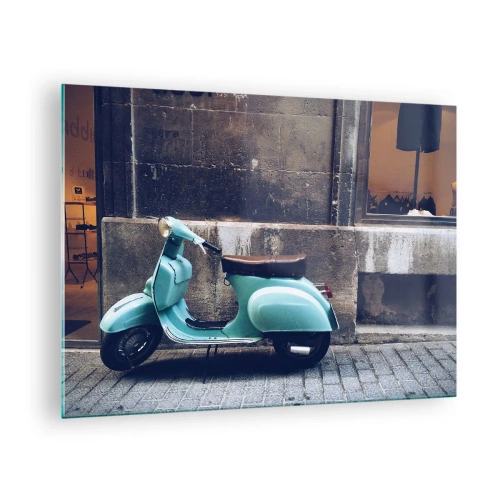 Impression sur verre - Image sur verre - Un scooter bleu contre le mur d'un bâtiment - 70x50cm - Ambiance inoubliable - Décoration murale moderne pour le salon et la chambre ARTTOR