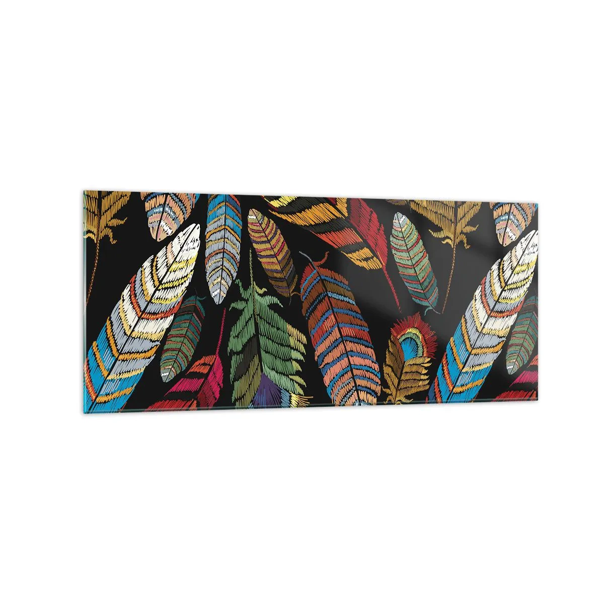 Impression sur verre - Image sur verre - Plumes colorées sur fond noir - 120x50cm - Le carnaval des oiseaux - Décoration murale moderne pour le salon et la chambre ARTTOR