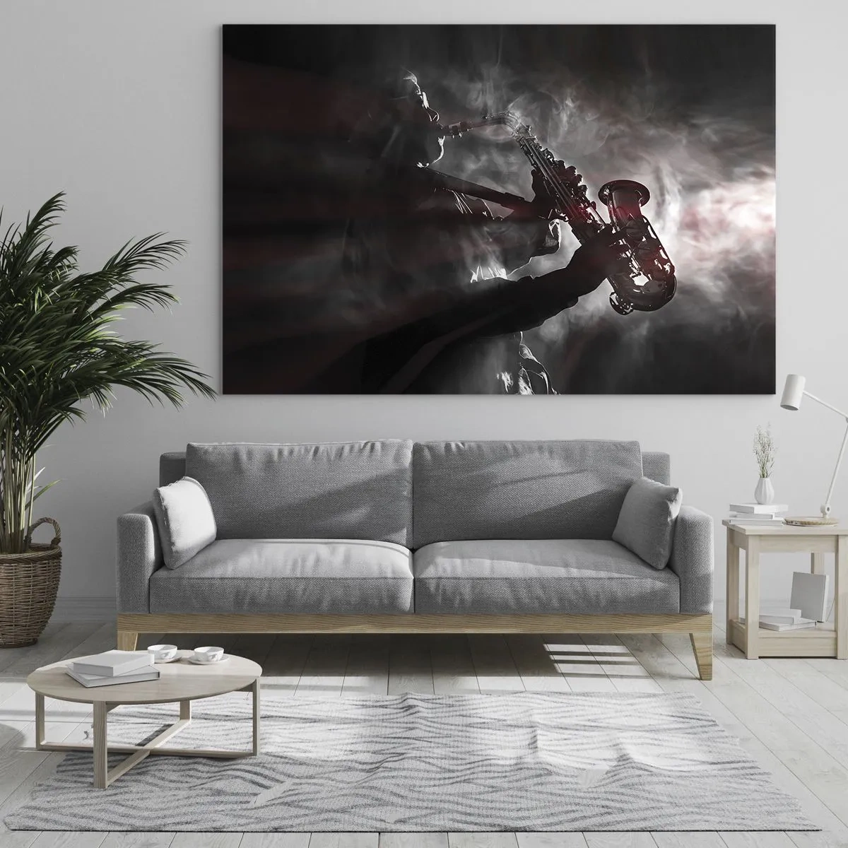 Impression sur verre - Image sur verre - Saxophoniste dans un nuage de fumée en noir et blanc - 120x80cm - Dans les brumes du jazz - Décoration murale moderne pour le salon et la chambre ARTTOR