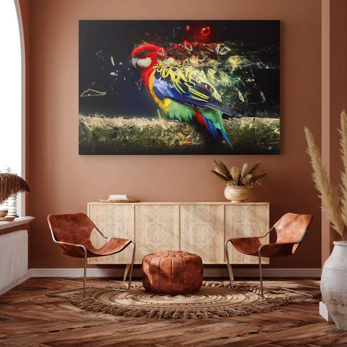 Impression sur toile - Image sur toile - Un perroquet aux couleurs vives sur un fond d'effets de lumière - 70x50cm - Messager d'éclat - Décoration murale moderne pour le salon et la chambre ARTTOR