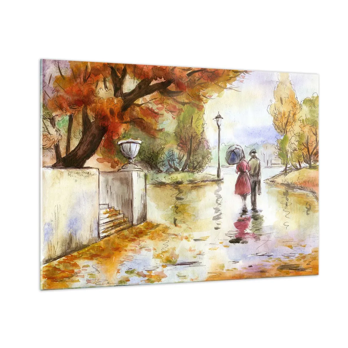 Impression sur verre - Image sur verre - Promenade d'automne d'un couple dans un parc aux feuilles colorées - 100x70cm - Automne romantique dans le parc - Décoration murale moderne pour le salon et la chambre ARTTOR