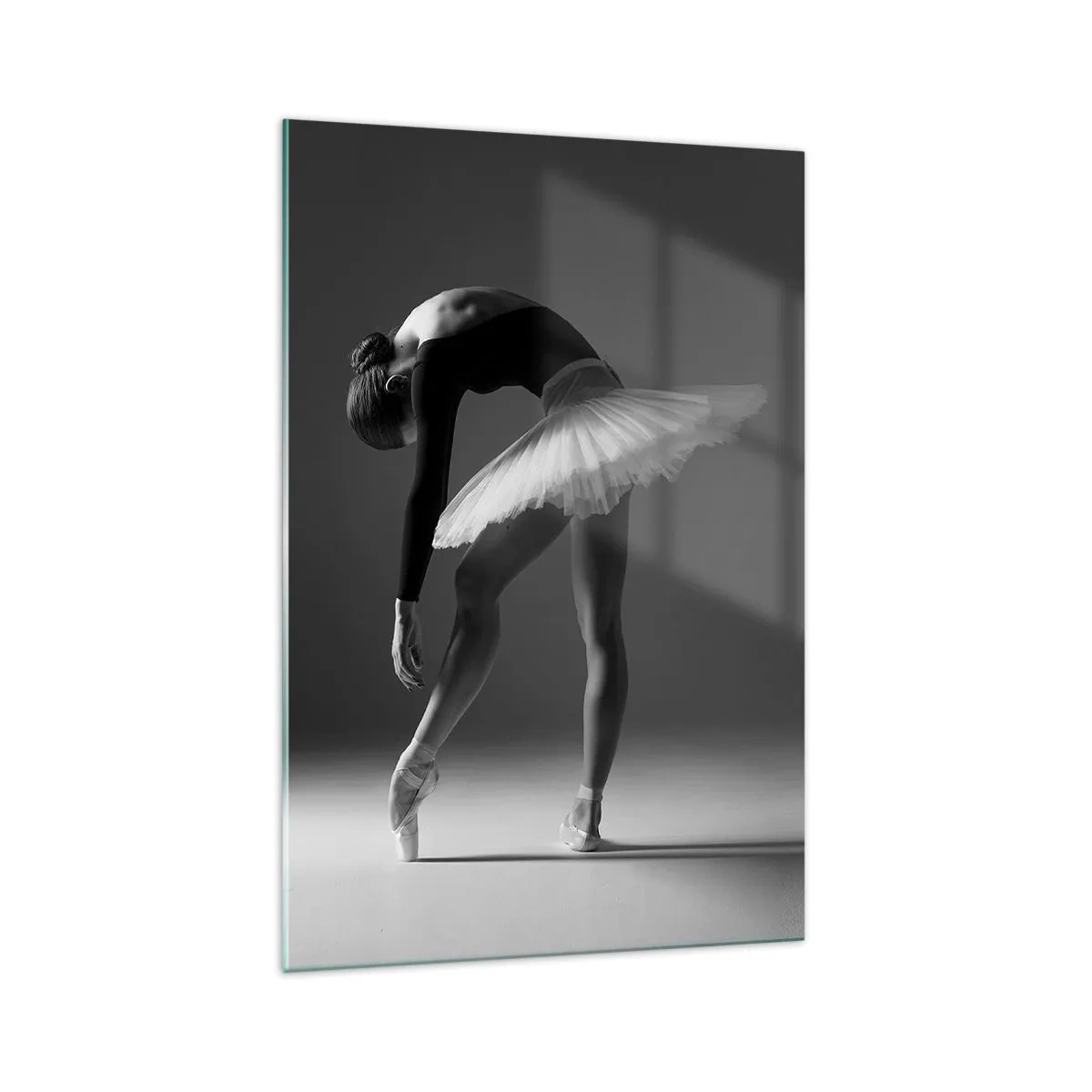 Impression sur verre - Image sur verre - Une ballerine dans une pose élégante sur un fond noir et blanc - 70x100cm - Belle ballerine - Décoration murale moderne pour le salon et la chambre ARTTOR