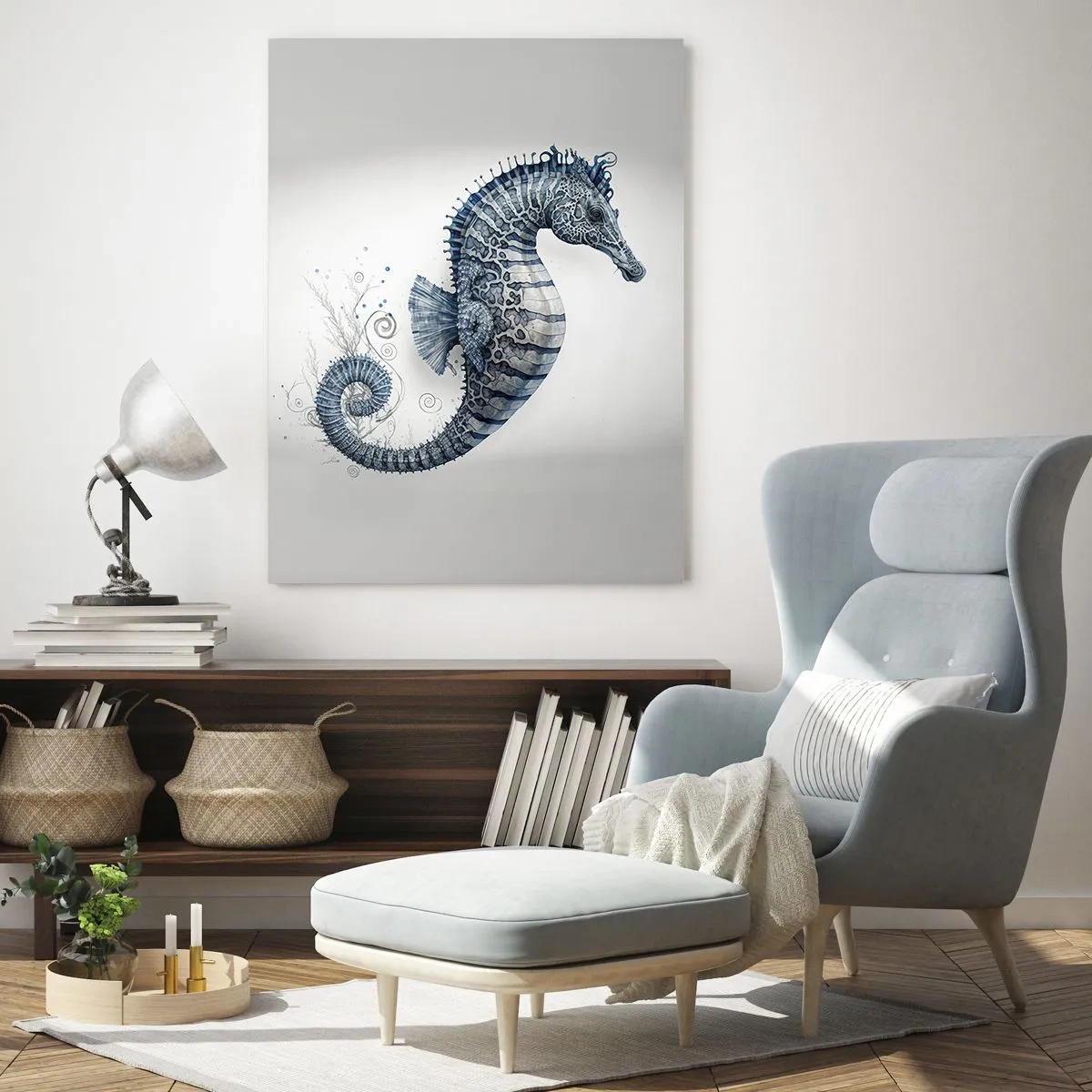 Impression sur verre - Image sur verre - Hippocampe dans des tons de bleu avec des détails à l'aquarelle - 70x100cm - Une subtile plaisanterie de la nature - Décoration murale moderne pour le salon et la chambre ARTTOR