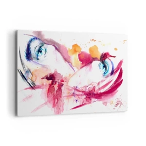 Impression sur toile - Image sur toile - Un visage abstrait avec des yeux expressifs et des accents rouges. - 100x70cm - Le monde prospère dans la proximité - Décoration murale moderne pour le salon et la chambre ARTTOR