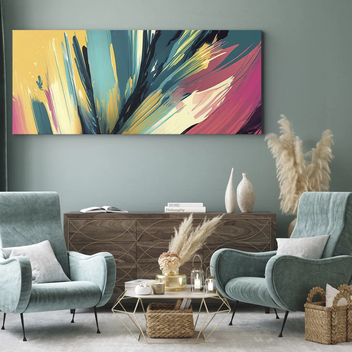 Impression sur toile - Image sur toile - Une composition abstraite aux couleurs intenses et contrastées. - 140x50cm - Composition – une explosion de joie - Décoration murale moderne pour le salon et la chambre ARTTOR