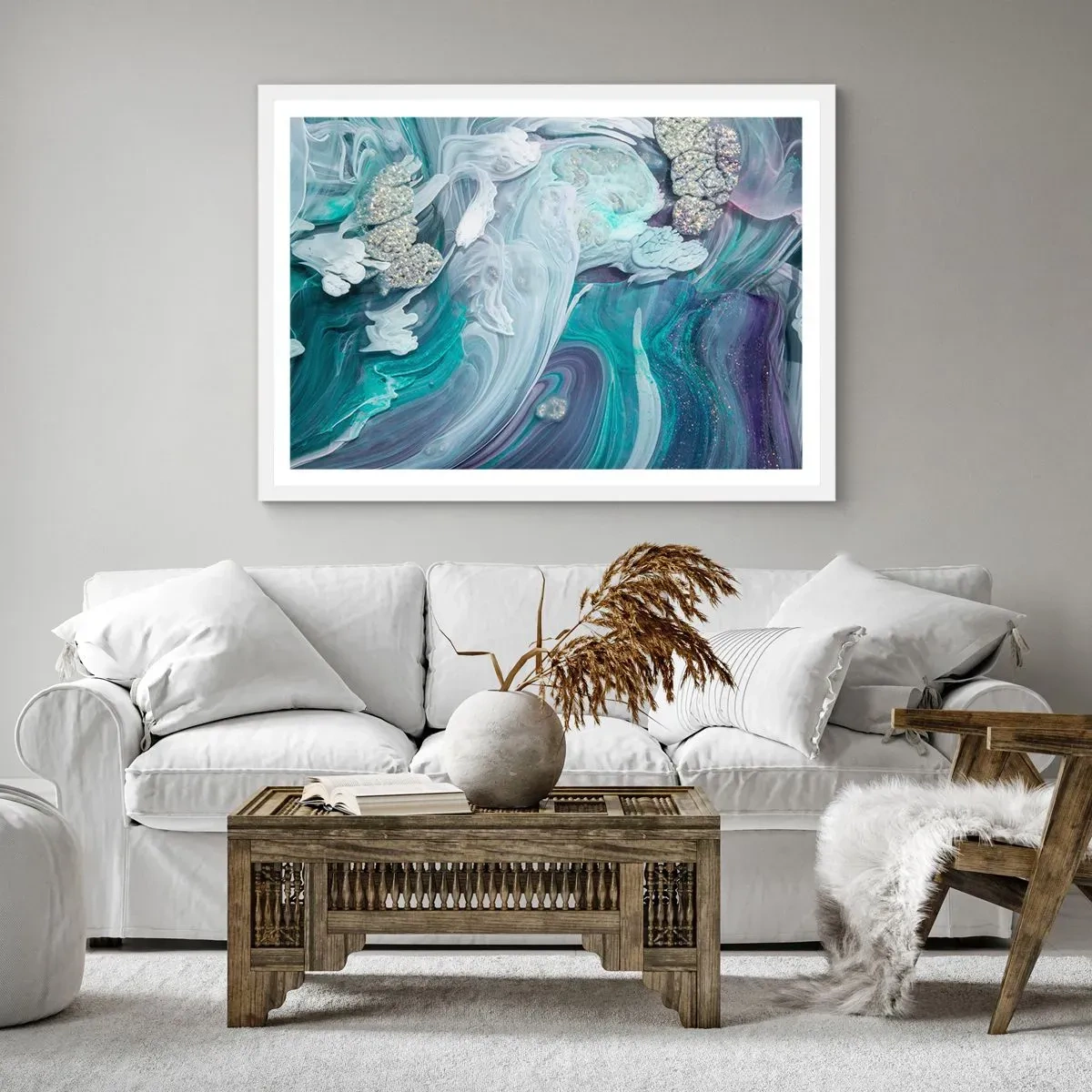 Affiche dans un cadre blanc - Poster - Courants bleus - 50x40 cm