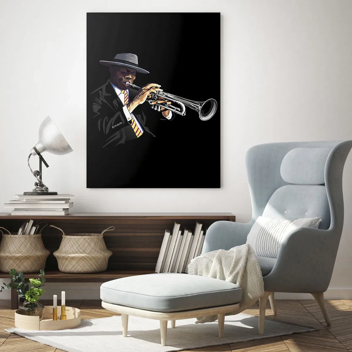 Impression sur verre - Image sur verre - Un musicien jouant de la trompette sur un fond noir - 70x100cm - Le charme de la vieille école - Décoration murale moderne pour le salon et la chambre ARTTOR