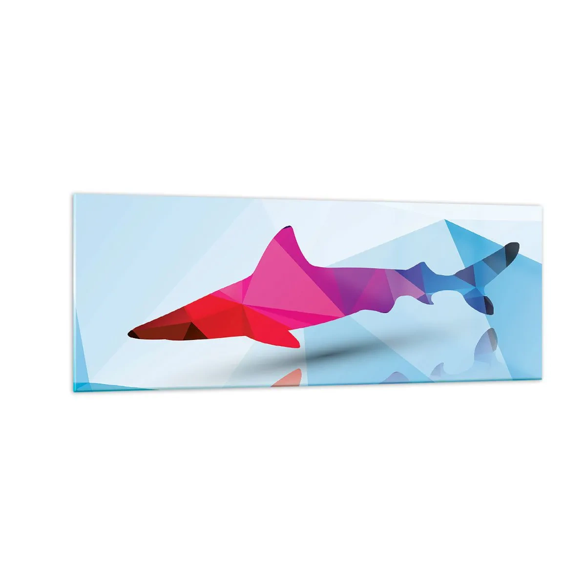 Impression sur verre - Image sur verre - Silhouette de requin géométrique dans les tons rose et bleu - 140x50cm - Un requin dans un espace de cristal - Décoration murale moderne pour le salon et la chambre ARTTOR