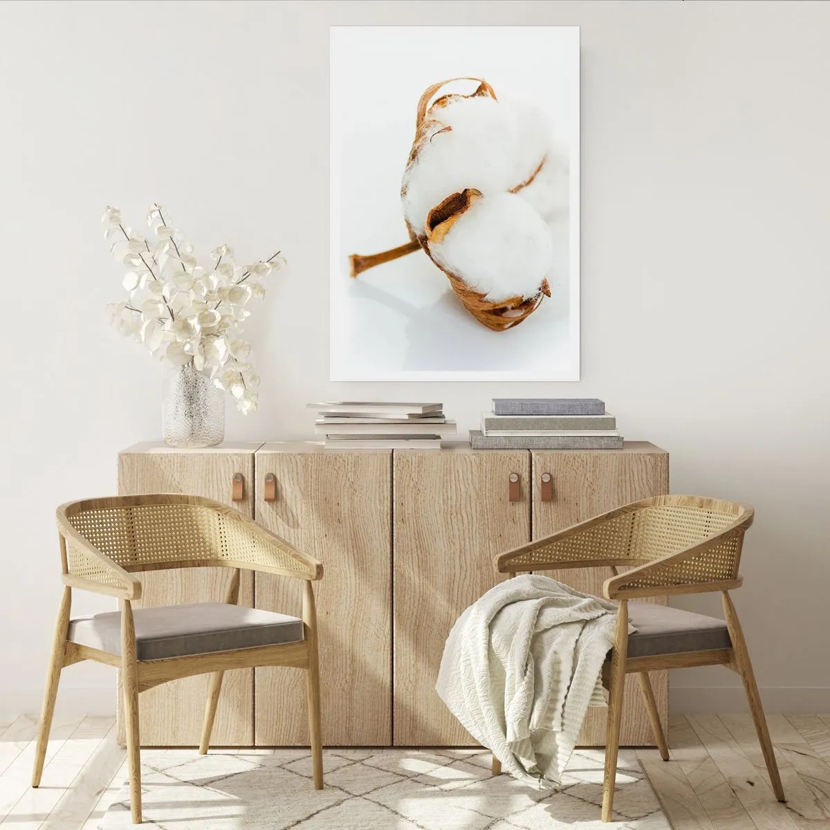 Affiche - Poster - Gros plan d'une branche de coton aux fibres blanches délicates. - 50x70cm - Doux par nature - Décoration murale moderne pour le salon et la chambre ARTTOR