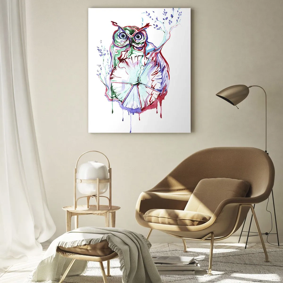 Impression sur verre - Image sur verre - Chouette aquarelle colorée dans un style artistique - 80x120cm - Sage par nature - Décoration murale moderne pour le salon et la chambre ARTTOR