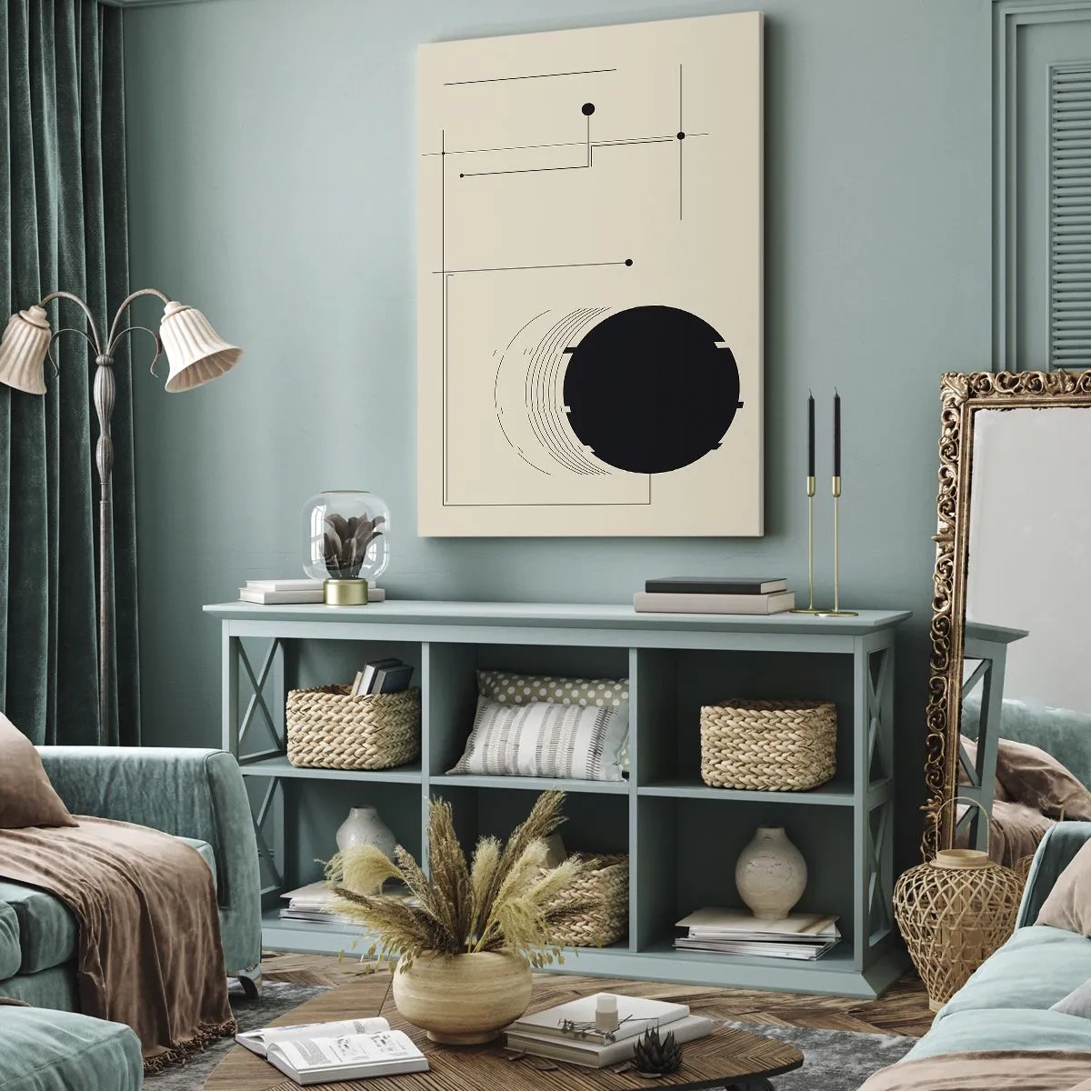 Impression sur toile - Image sur toile - Lignes géométriques noires et un cercle sur fond beige - 70x100cm - Une composition flexible et dynamique - Décoration murale moderne pour le salon et la chambre ARTTOR
