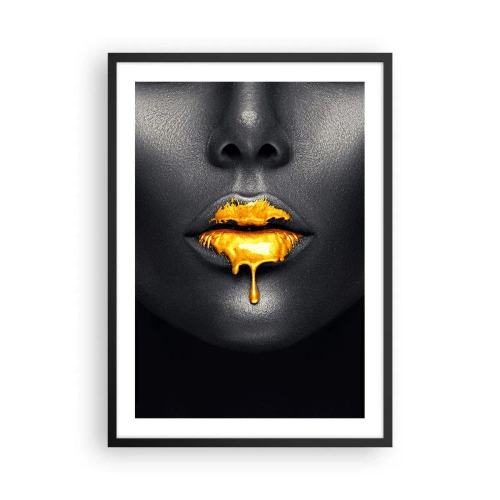 Affiche dans un cadre noir - Poster - Visage d'une femme noire avec de la peinture orange sur les lèvres - 50x70cm - Bouche d'or - Décoration murale moderne pour le salon et la chambre ARTTOR