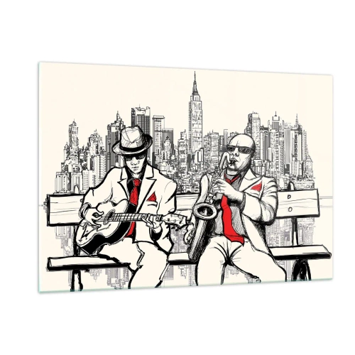 Impression sur verre - Image sur verre - Deux musiciens de jazz jouant avec en toile de fond la silhouette de la ville - 120x80cm - improvisation new-yorkaise - Décoration murale moderne pour le salon et la chambre ARTTOR