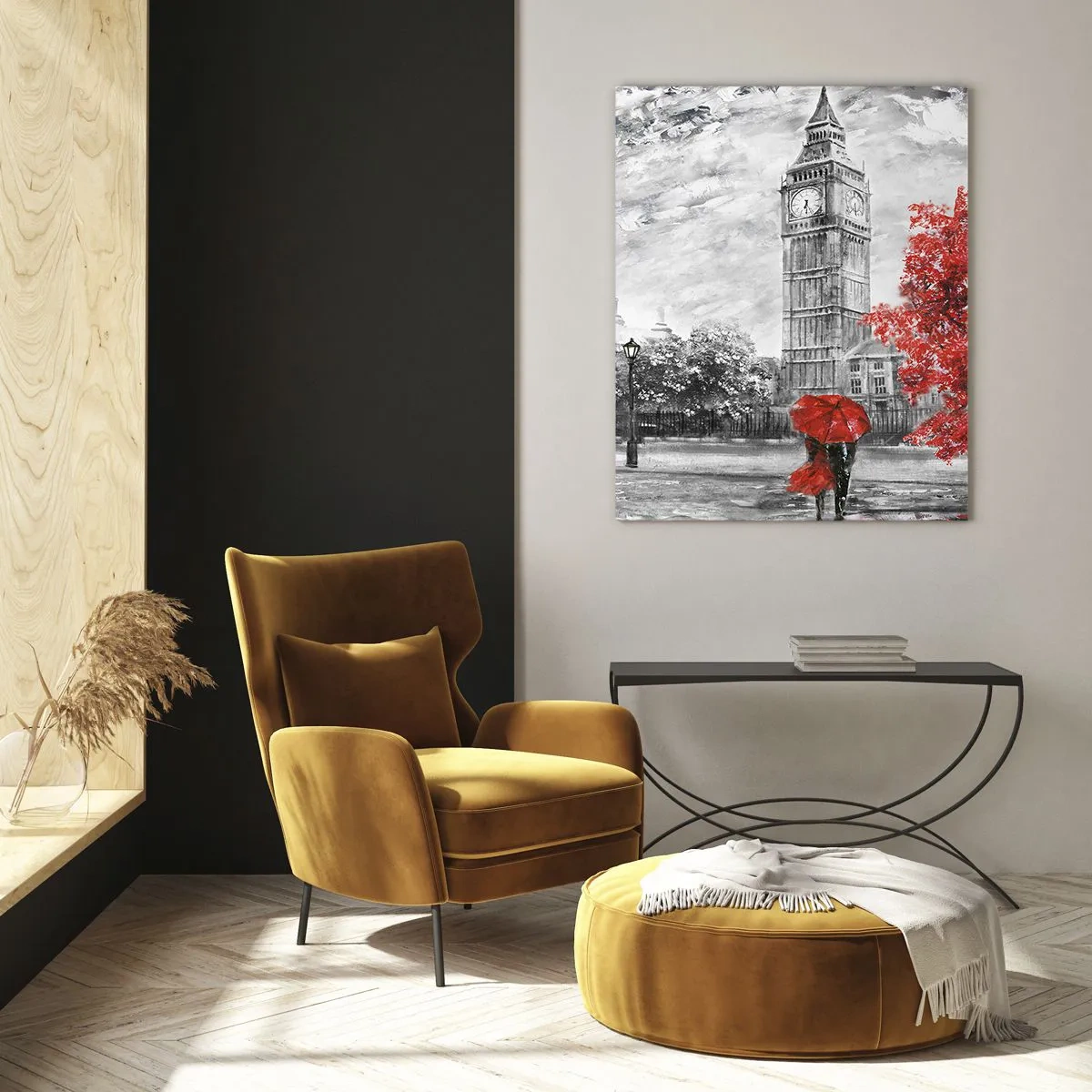 Impression sur verre - Image sur verre - Big Ben avec un bus rouge et un parapluie sur fond d'arbres d'automne - 50x70cm - Une journée passionnante - Décoration murale moderne pour le salon et la chambre ARTTOR