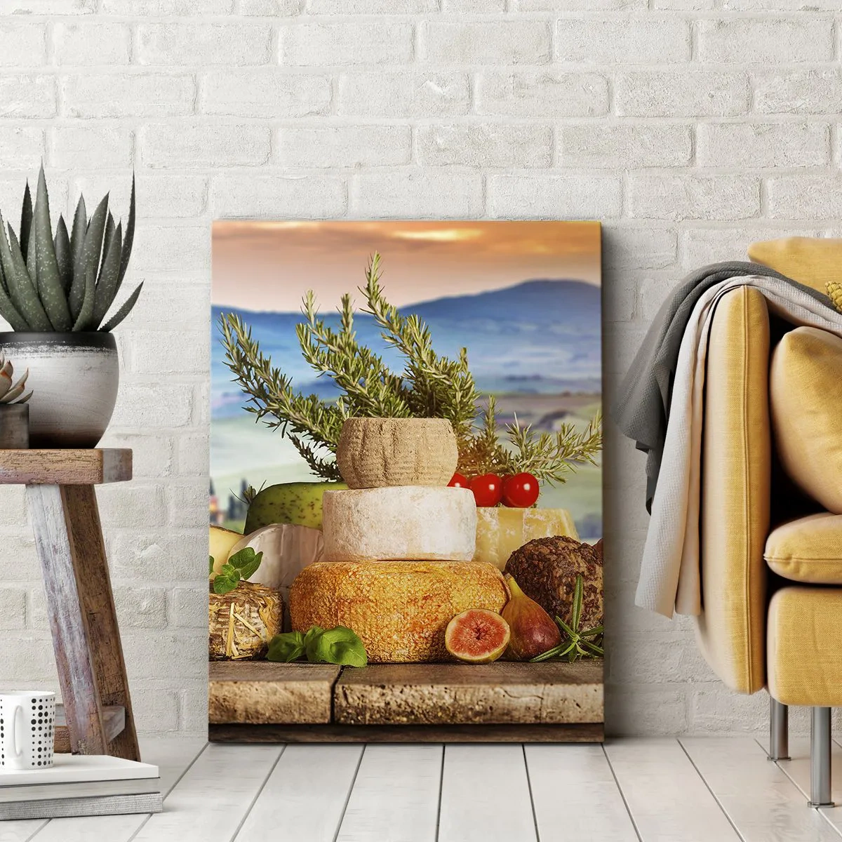 Impression sur toile - Image sur toile - Une composition de fromages et de fruits sur fond de paysage toscan - 50x70cm - La joie de vivre à l'italienne - Décoration murale moderne pour le salon et la chambre ARTTOR