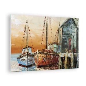 Impression sur verre - Image sur verre - Bateaux colorés à la marina - 70x50cm - Retour tranquille - Décoration murale moderne pour le salon et la chambre ARTTOR