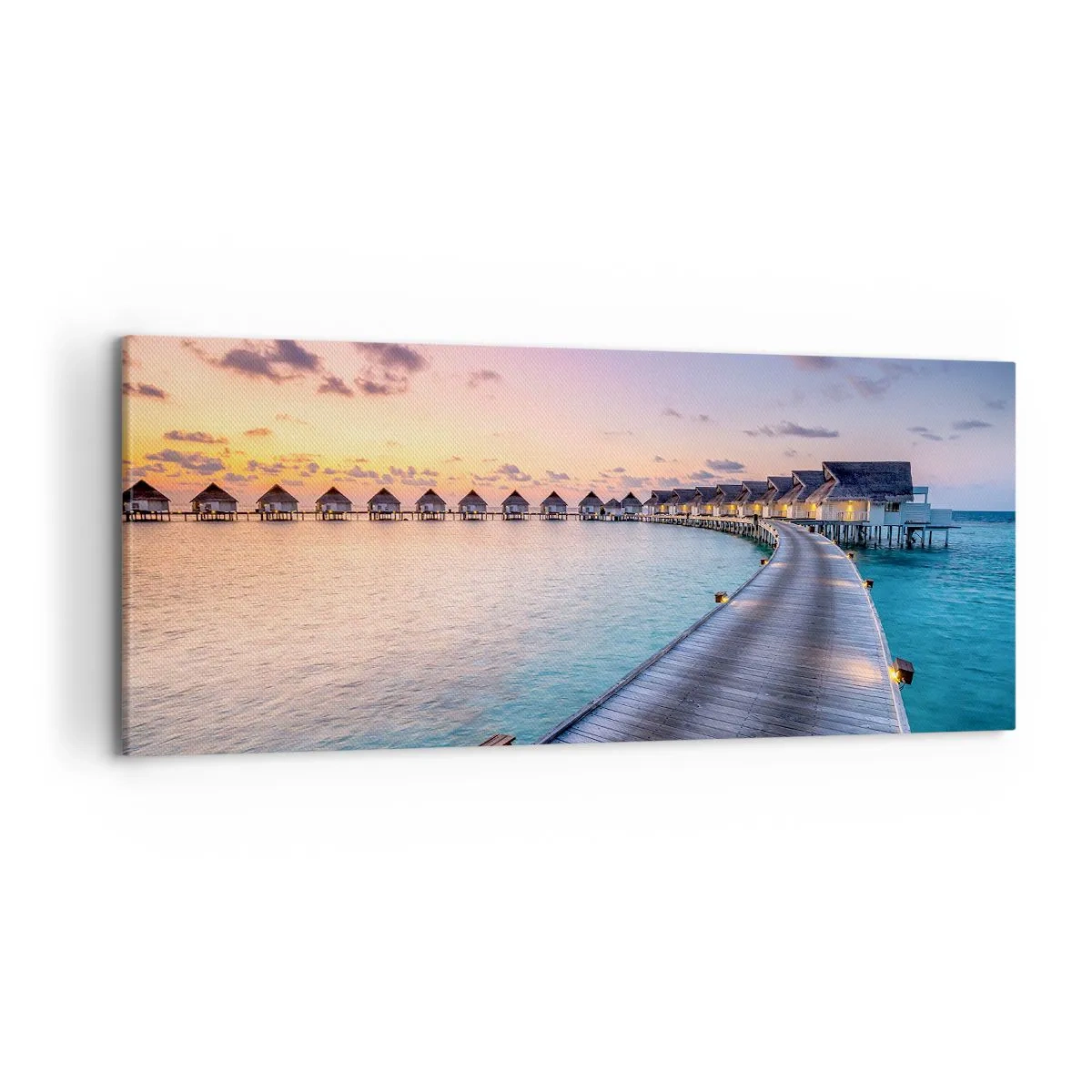 Impression sur toile - Image sur toile - La jetée menant aux chalets au bord de l'eau au coucher du soleil - 120x50cm - Vacances - retour aux sources - Décoration murale moderne pour le salon et la chambre ARTTOR