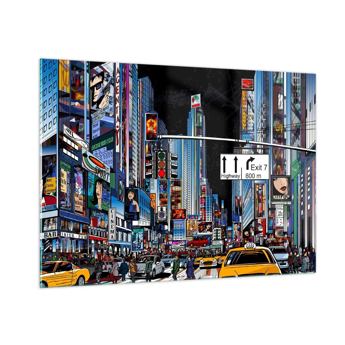 Impression sur verre - Image sur verre - Une rue animée avec des taxis jaunes et des enseignes au néon - 100x70cm - Grande nuit de bande dessinée - Décoration murale moderne pour le salon et la chambre ARTTOR