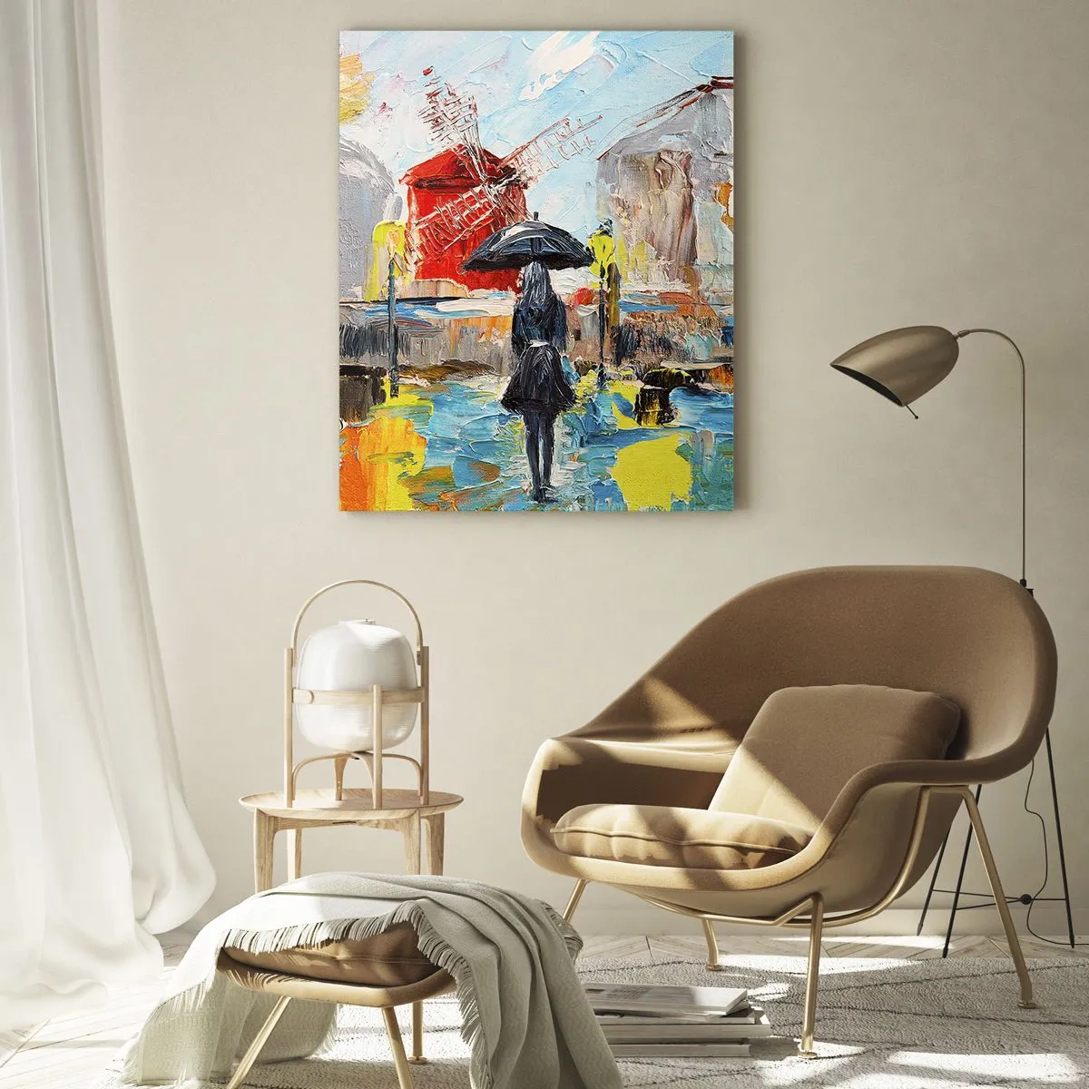 Impression sur verre - Image sur verre - Une scène pittoresque avec un parapluie sur fond de Paris aux couleurs vibrantes. - 70x100cm - Légende parisienne - Décoration murale moderne pour le salon et la chambre ARTTOR