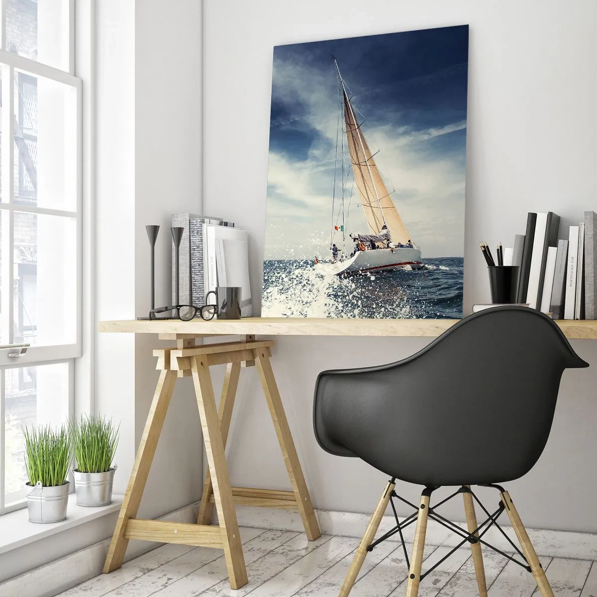 Impression sur verre - Image sur verre - Un voilier sur une mer agitée sous un ciel bleu - 80x120cm - Ils ne nous rattraperont pas ! - Décoration murale moderne pour le salon et la chambre ARTTOR