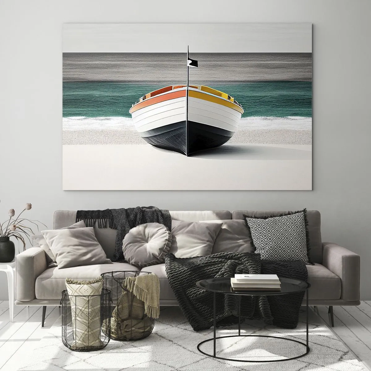 Impression sur verre - Image sur verre - Un bateau coloré sur la plage avec une mer turquoise en arrière-plan - 120x80cm - A sa place - Décoration murale moderne pour le salon et la chambre ARTTOR