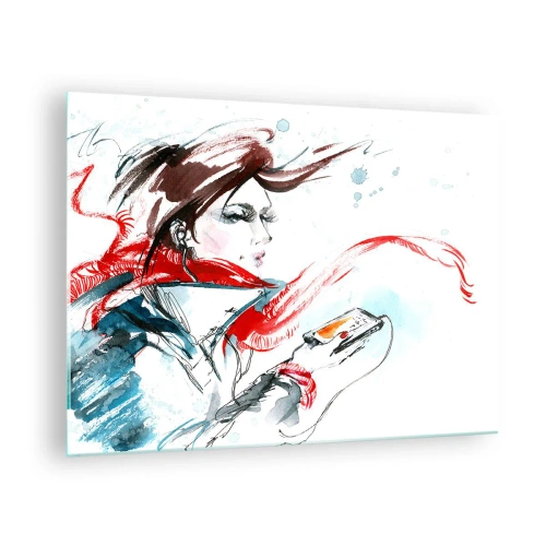 Impression sur verre - Image sur verre - Une femme portant un foulard rouge avec des détails dynamiques et esquissés. - 70x50cm - Quelque chose se passe en moi - Décoration murale moderne pour le salon et la chambre ARTTOR