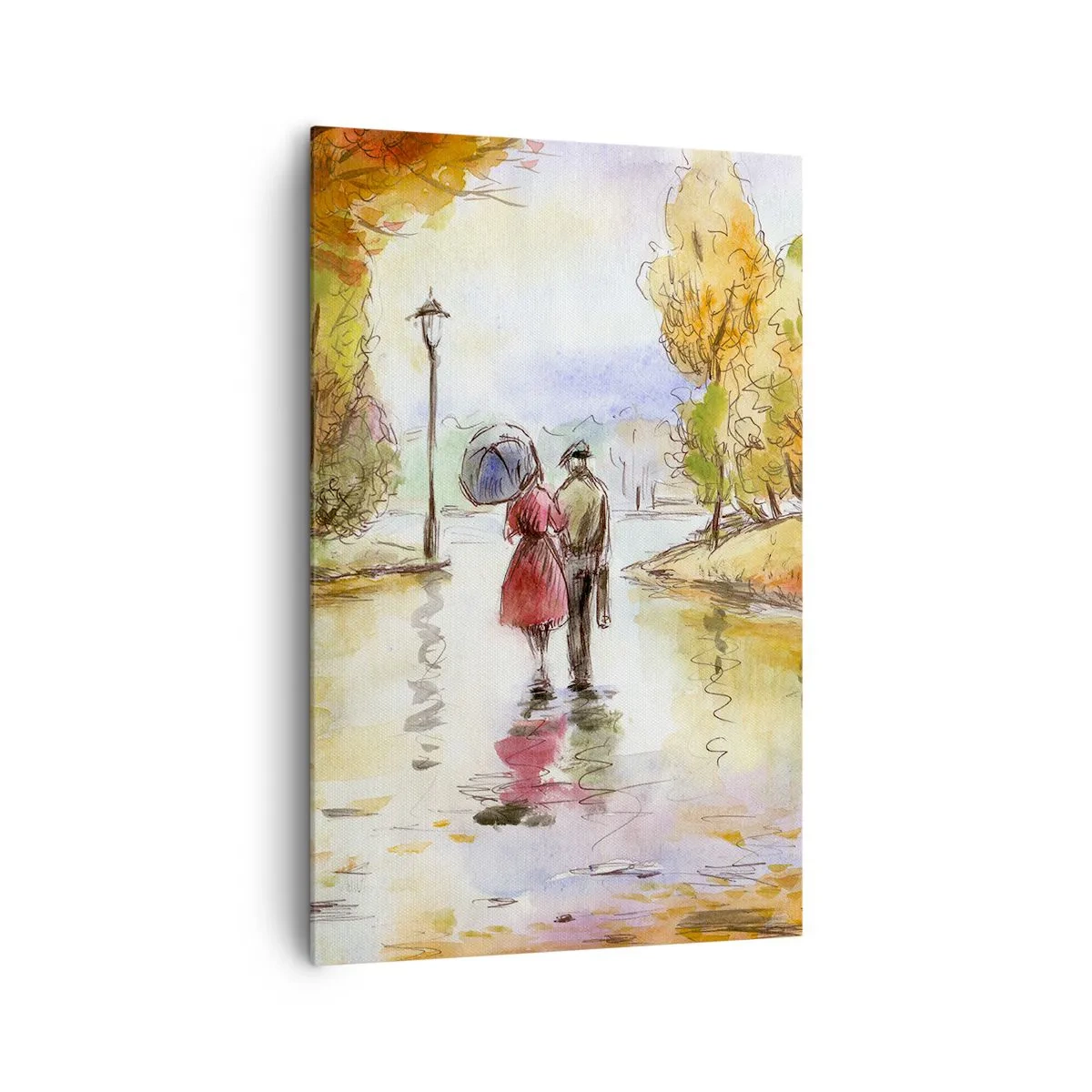 Impression sur toile - Image sur toile - Une promenade dans le parc d'automne avec un parapluie - 80x120cm - Automne romantique dans le parc - Décoration murale moderne pour le salon et la chambre ARTTOR
