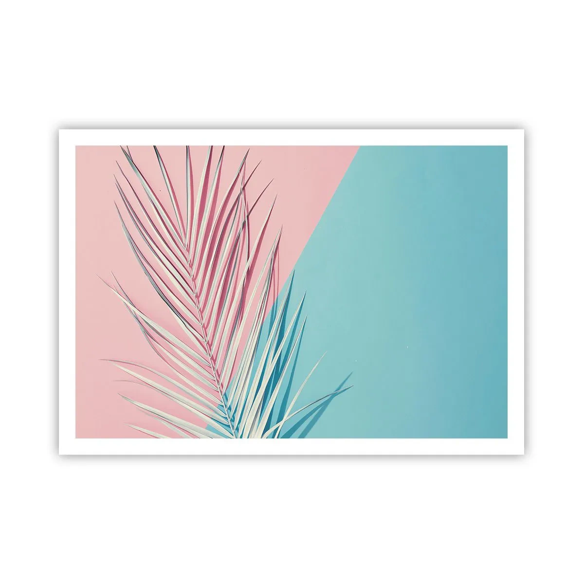 Affiche - Poster - Feuille tropicale sur un fond de tons pastel de rose et de bleu - 100x70cm - Impression tropicale - Décoration murale moderne pour le salon et la chambre ARTTOR
