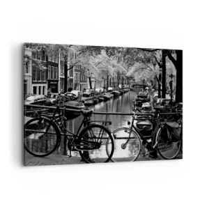 Impression sur toile - Image sur toile - Canal avec des vélos en photographie noir et blanc - 100x70cm - Une vue très hollandaise - Décoration murale moderne pour le salon et la chambre ARTTOR