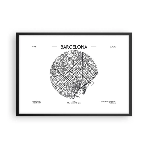 Affiche dans un cadre noir - Poster - Une carte de Barcelone dans un style minimaliste en noir et blanc - 70x50cm - Anatomie de Barcelone - Décoration murale moderne pour le salon et la chambre ARTTOR