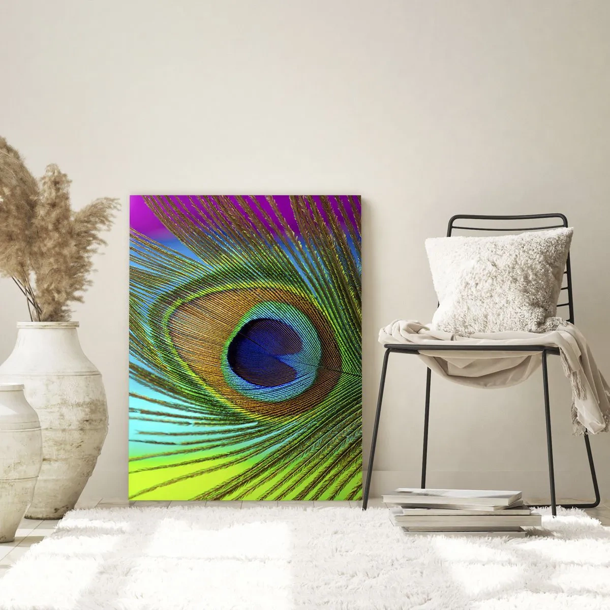 Impression sur verre - Image sur verre - Gros plan d'une plume de paon aux couleurs vives - 80x120cm - Les yeux dans les yeux - Décoration murale moderne pour le salon et la chambre ARTTOR