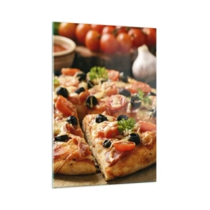 Impression sur verre - Image sur verre - Pizza appétissante aux tomates, olives et herbes - 50x70cm - Tu t'en es encore tiré - Décoration murale moderne pour le salon et la chambre ARTTOR
