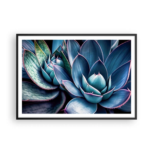 Affiche dans un cadre noir - Poster - Agave dans des tons de bleu et de vert avec des accents roses - 100x70cm - Force vital - Décoration murale moderne pour le salon et la chambre ARTTOR