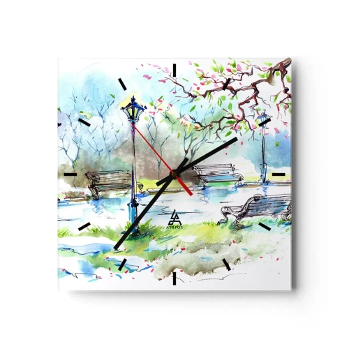Horloge murale - Pendule murale - Scène de parc à l'aquarelle avec bancs et lampes - 30x30cm - Le charme du silence d'un parc - Décoration murale moderne pour le salon et la chambre ARTTOR
