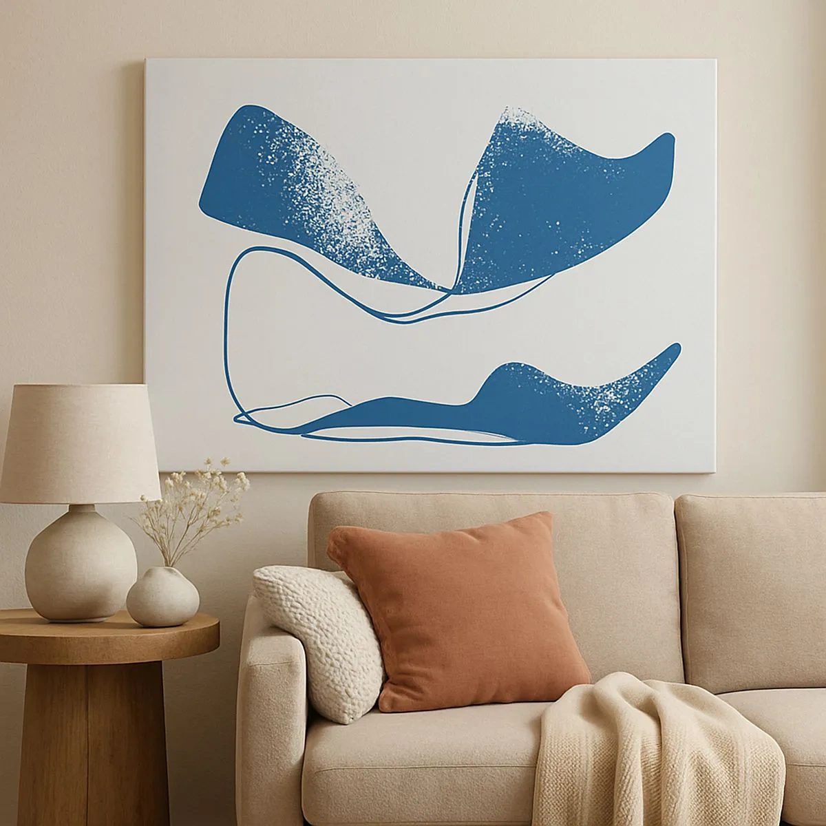 Impression sur toile - Image sur toile - Formes abstraites dans des tons bleus sur fond blanc - 70x50cm - Abstraction ailée - Décoration murale moderne pour le salon et la chambre ARTTOR