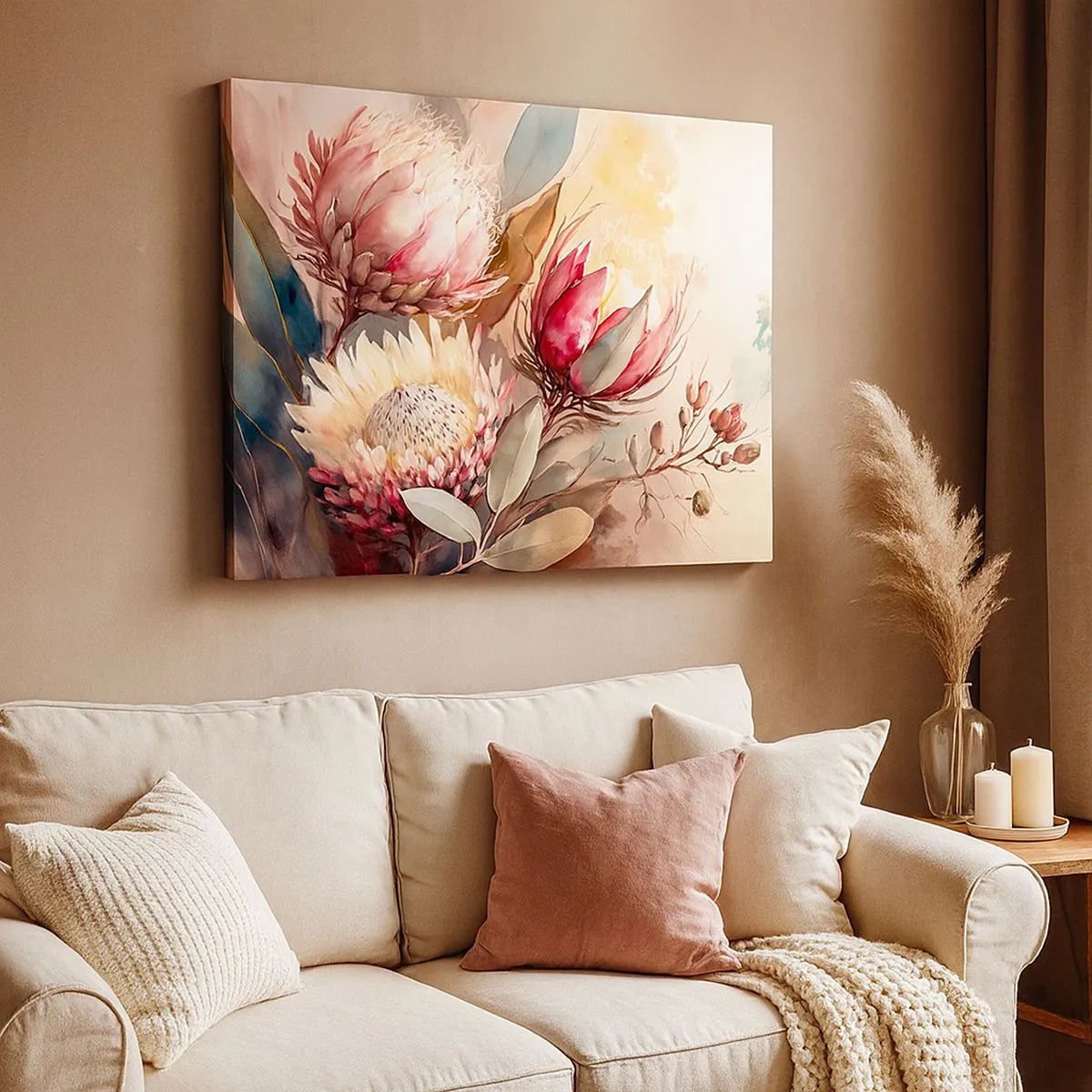 Impression sur toile - Image sur toile - Fleurs de Protea aux tons pastel délicats - 70x50cm - De profil et de face - Décoration murale moderne pour le salon et la chambre ARTTOR