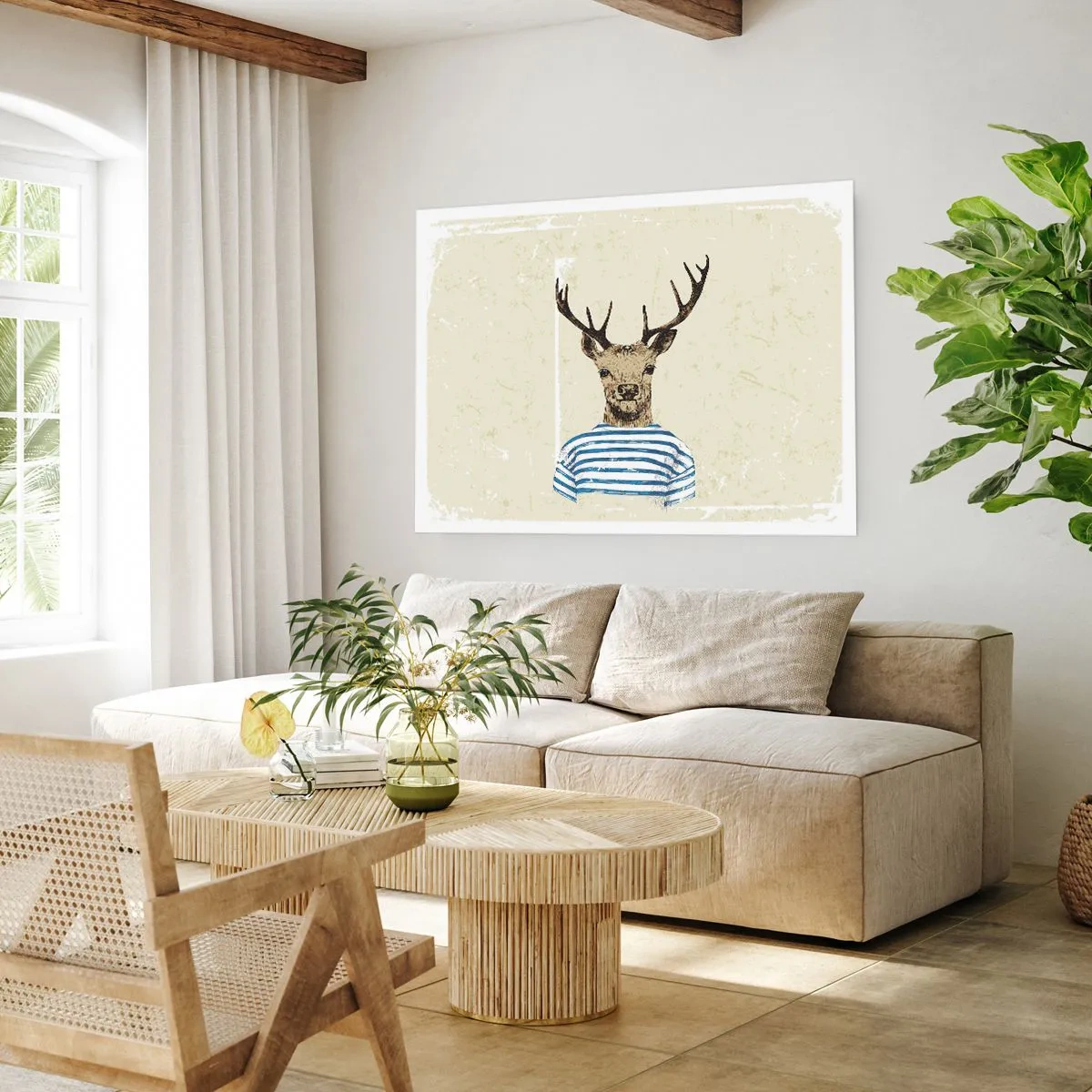 Affiche - Poster - Un cerf en chemise rayée sur un fond clair avec une texture délicate - 100x70cm - Parce que j'aime les chemises rayées - Décoration murale moderne pour le salon et la chambre ARTTOR