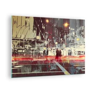 Impression sur verre - Image sur verre - Paysage urbain nocturne avec néons et silhouettes de passants - 70x50cm - Une grande traversée de ville - Décoration murale moderne pour le salon et la chambre ARTTOR
