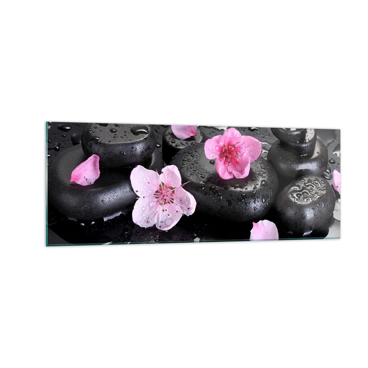 Impression sur verre - Image sur verre - Pierres noires et fleurs roses style spa - 140x50cm - Et le cœur s'allège soudainement - Décoration murale moderne pour le salon et la chambre ARTTOR