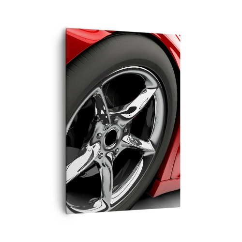 Impression sur toile - Image sur toile - Voiture de sport rouge avec jantes chromées - 70x100cm - Conçu pour la vitesse - Décoration murale moderne pour le salon et la chambre ARTTOR