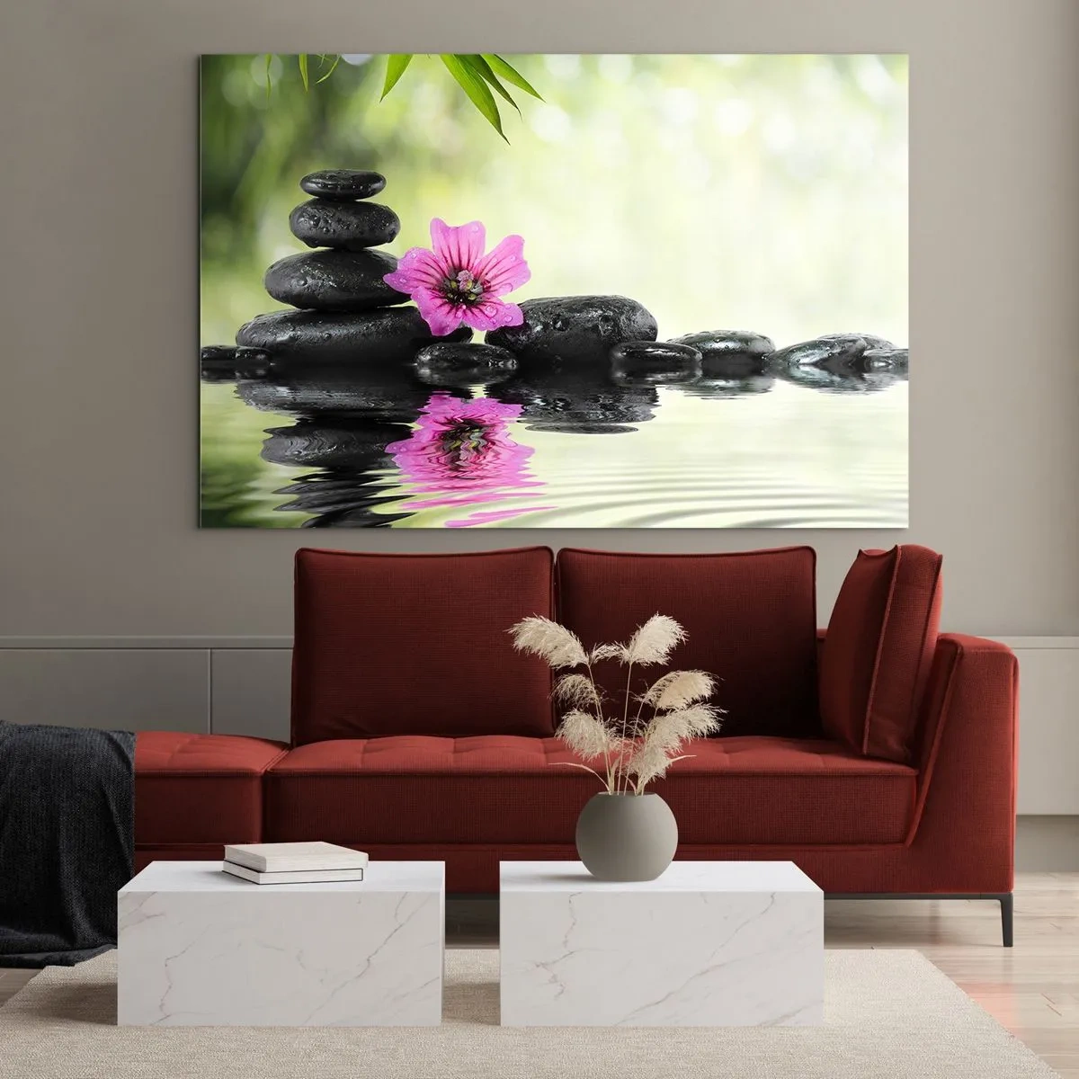 Impression sur verre - Image sur verre - Pierres noires et une fleur rose sur fond de nature - 100x70cm - Temps pour l'âme - Décoration murale moderne pour le salon et la chambre ARTTOR