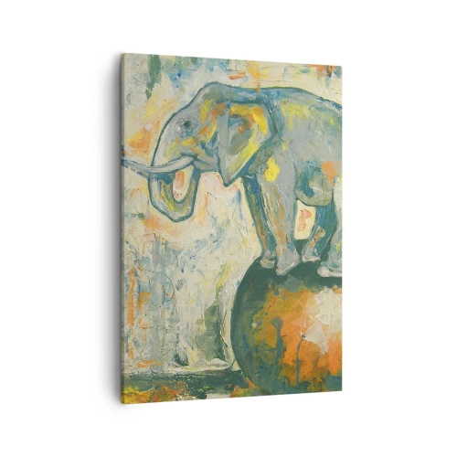 Impression sur toile - Image sur toile - Un éléphant en équilibre sur une balle dans un style artistique - 50x70cm - Que vive le cirque ! - Décoration murale moderne pour le salon et la chambre ARTTOR