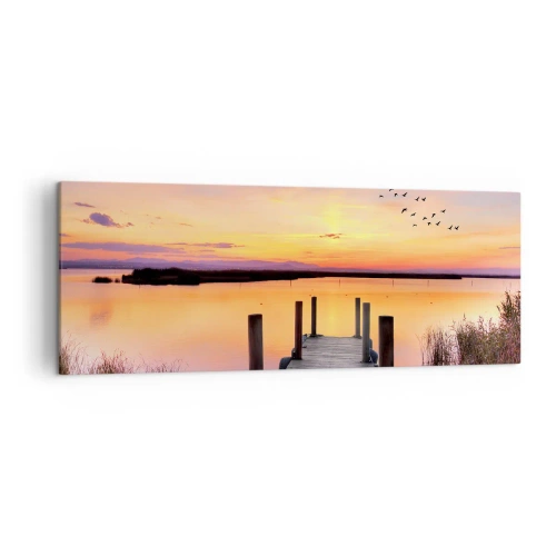 Impression sur toile - Image sur toile - Une jetée sur un lac au coucher du soleil avec des oiseaux dans le ciel - 140x50cm - Aube silencieuse violette - Décoration murale moderne pour le salon et la chambre ARTTOR